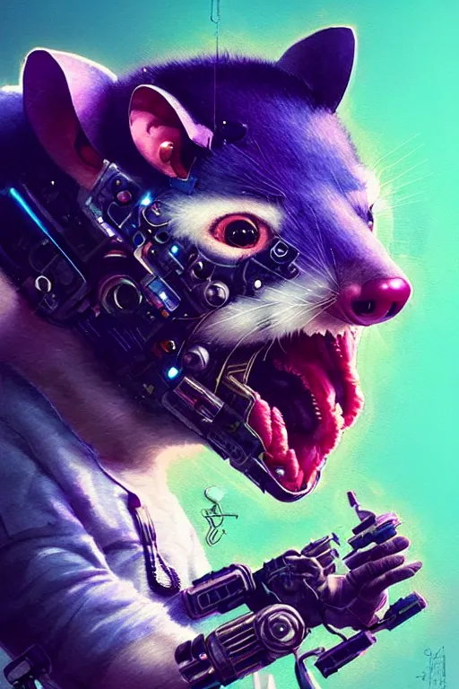 Image similar to a beautiful portrait of a cute cyberpunk opossum screaming by sandra chevrier and greg rutkowski and wlop, purple blue color scheme, high key lighting, volumetric light, digital art, highly detailed, fine detail, intricate, ornate, complex, octane render, unreal engine, photorealistic