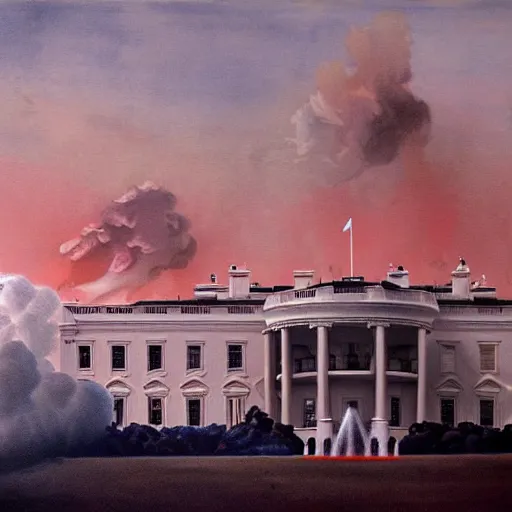 Image similar to politics, destroyed presidential white house, landscape, dystopian, war, real, bright blue smoke, red clouds, detailed, award winning, masterpiece