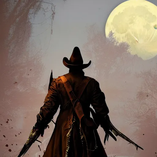 Image similar to a detailed 3 d render of darkwing duck dressed as the hunter from bloodborne, let's get dangerous, digital art, dark fantasy, concept art, soulslike, by alphonse mucha, blood moon eclipse, wherewolves in a ruined building in the background, artstation, 8 k, unreal engine render