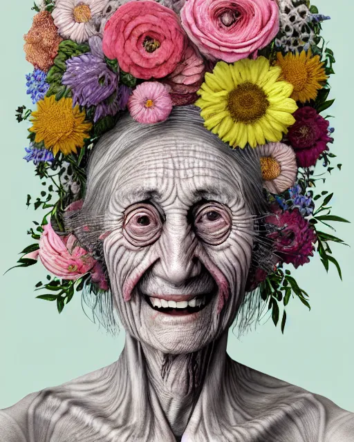 Image similar to a portrait of a fleshy old woman with a sweet smile, covered in flowers in the style of guiseppe arcimboldo and james jean, covered in wispy gray hair with a hint of neon, hd 3 d, highly detailed and intricate. centred in image.