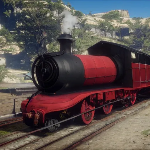 Image similar to futuristic sleek steam locomotive in red dead redemption 2