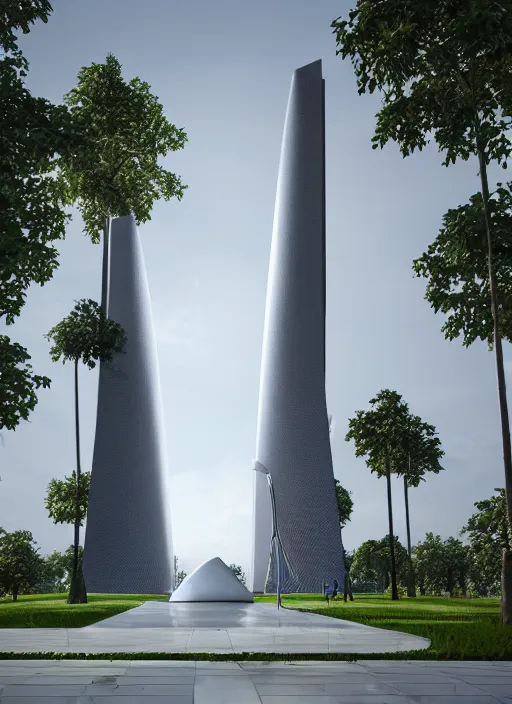 Image similar to highly detailed realistic architecture 3 d render of a huge high futuristic stele in zaha hadid style standing in city park, archdaily, made in unreal engine 4 octane render