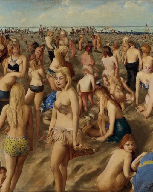 Image similar to a crowd of blonde women, beach