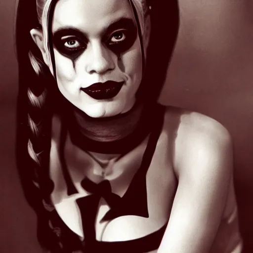 Prompt: Harley Quinn, realistic, portrait, black and white photography, 1960