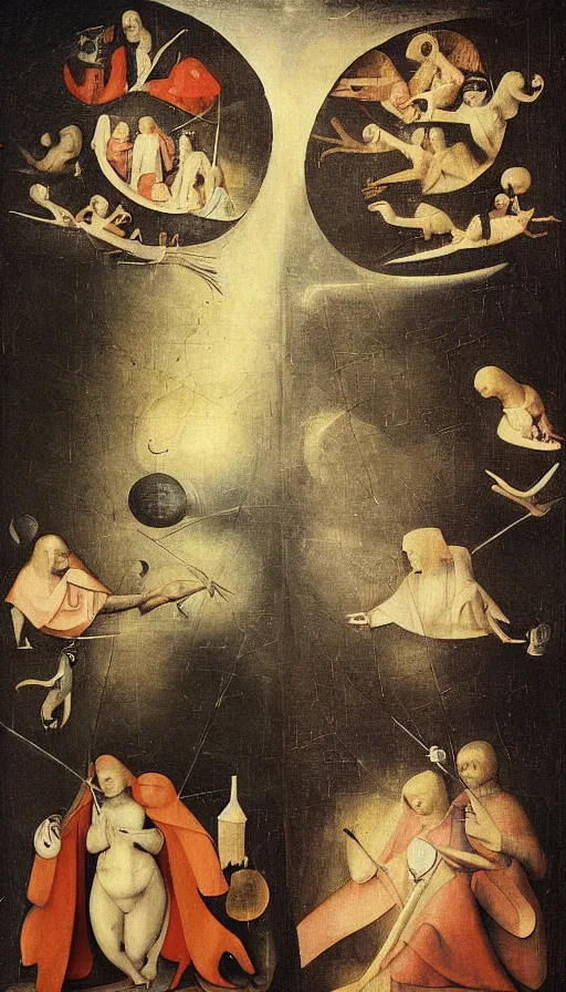 Image similar to two men who are secretly in love seperated by a deity, on one side is light on the other is darkness in the style of hieronymus bosch