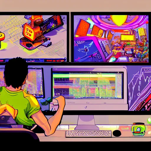 Prompt: a man sitting on his computer staring at several computer monitors showing crypto trades, colourful, chill, neon glow, gamer, playstation 2, digital illustration, in style of lofi hip hop digital painting by james jean, kishimoto, wlop and toriyami togashi, inspired by hirohiko araki and made in abyss,