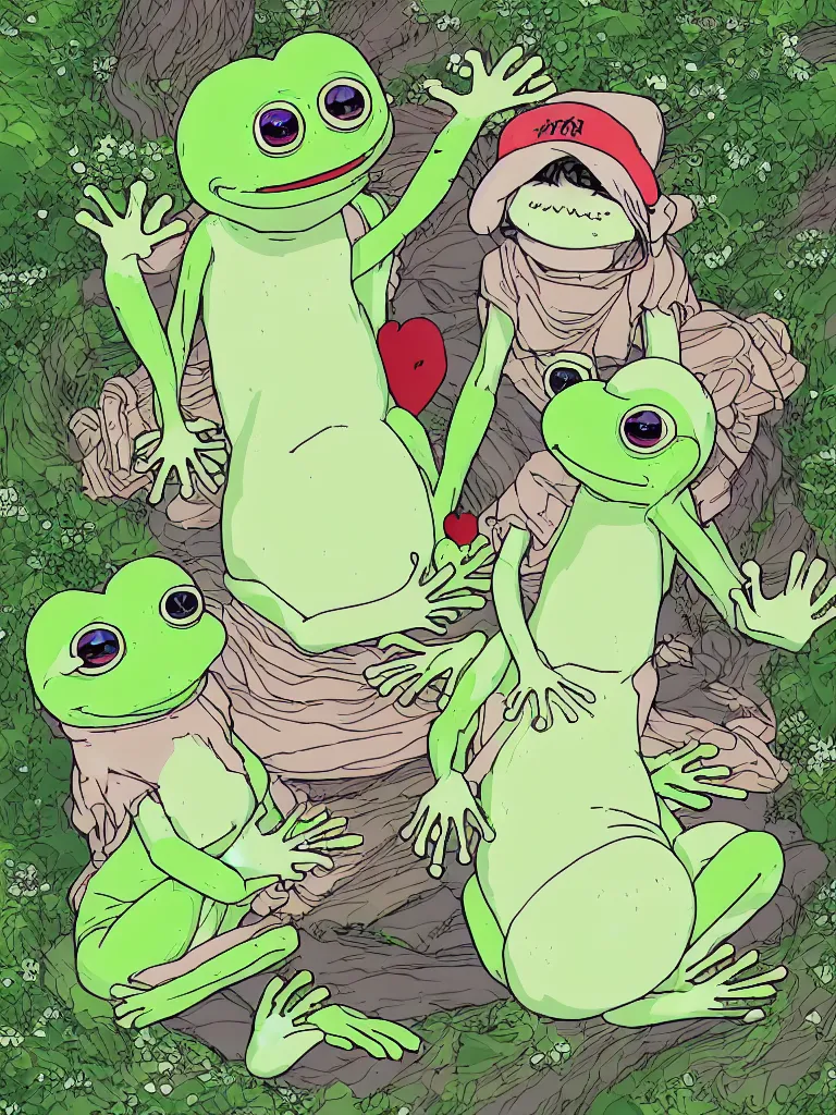 Prompt: high resolution 4k happiness of pepe love and family worlds of Akihito Tsukushi the of field of love acid tripp made in abyss design ivory dream like storybooks wandering in a forest pepe the frog happy alone in a field sitting wholesome soft and warm the value of love a clear prismatic sky, red woods Canopy love, warm ,Luminism, pepe the frog , art in the style of Tony DiTerlizzi , Francisco de Goya and Akihito Tsukushi and Arnold Lobel