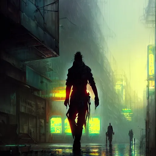 Image similar to an exhausted warrior wandering through a lost cyberpunk city from left to right, rainy day, radiant light, digital painting, art station, cell shaded, by les edwards, by greg rutkowski