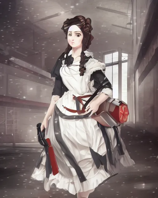 Image similar to Digital state-sponsored anime art of Ada Lovelace by A-1 studios, serious expression, empty warehouse background, highly detailed, spotlight