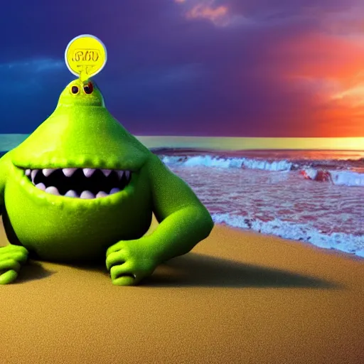 Image similar to 3 d render, of anthropomorphic lemon character looks like a monster from the movie وmonsters inc, with lemon skin texture, he is wearing a hat, building a sandcastle on the beach at sunset, beach, huge waves, sun, clouds, long violet and green trees, rim light, cinematic photography, professional, sand, sandcastle, volumetric lightening