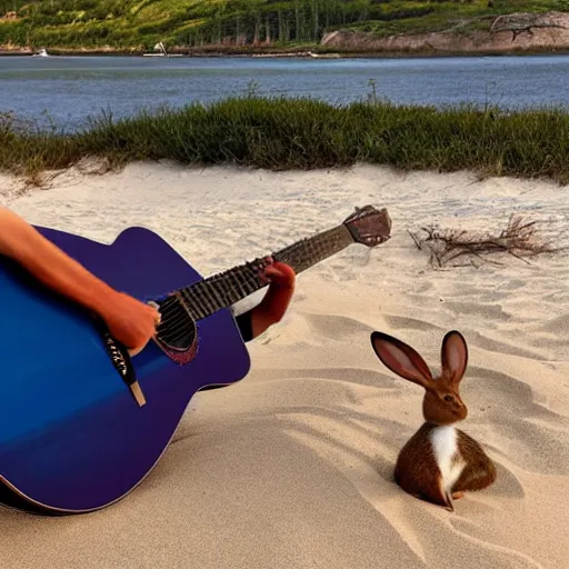 Image similar to a rabbit playing a guitar sitting on a beach in Sweden