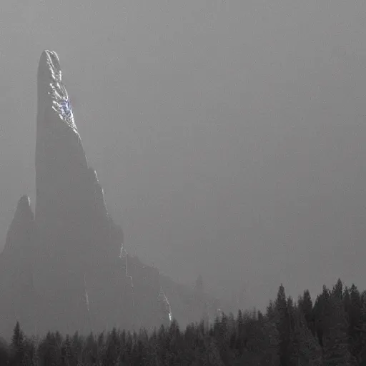 Image similar to a taiga with a large monolith hovering above it. overcast sky, snowing.