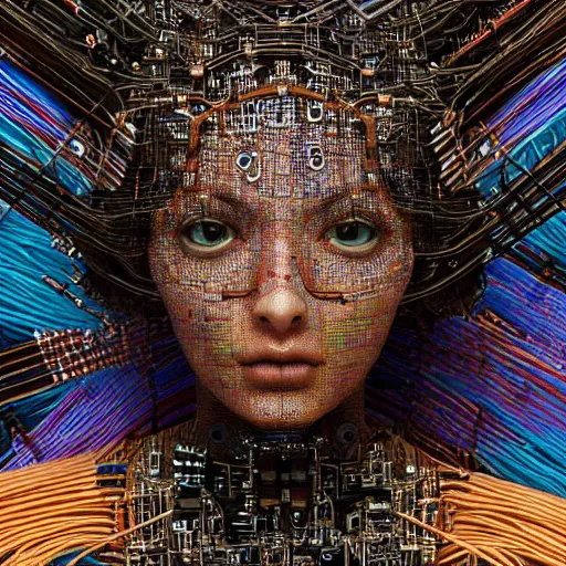 Image similar to swimming deeper into the multiverse, piles of modular synth cables mixed with mangrove roots, kawaii puerto rican goddess staring through your soul wearing a headpiece made of circuit boards, by cameron gray, wlop, stanley kubrick, masamune, hideki anno, jamie hewlett, unique perspective, trending on artstation, cinematic, 3 d render, vivid