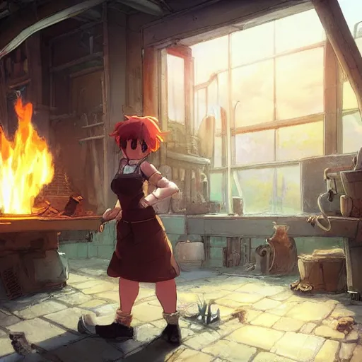 Image similar to a full body portrait of the short and fiery blacksmith Guinea pig with a beard at her forge, blacksmith's outfit, inside building, makoto shinkai, james gilleard, very detailed, matte, gaussian blur, tone mapped, Akihiko Yoshida.