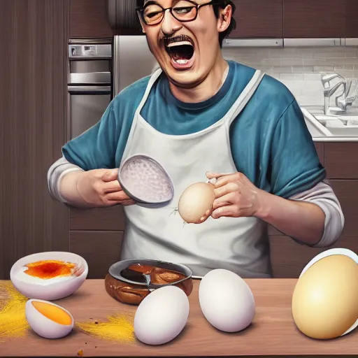 Prompt: Filthy Frank making eggs while screaming at the camera in his kitchen, fisheye lens, above angle, 8k resolution, realistic, hyperrealistic, detailed, very detailed, HD quality, digital art, trending on artstation