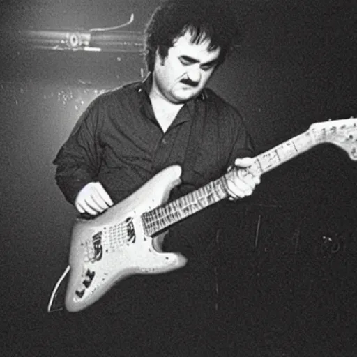 Prompt: john belushi as joliet jake blues playing electric guitar in a darkened nightclub, 3 5 mm film still from 1 9 8 1, grainy.