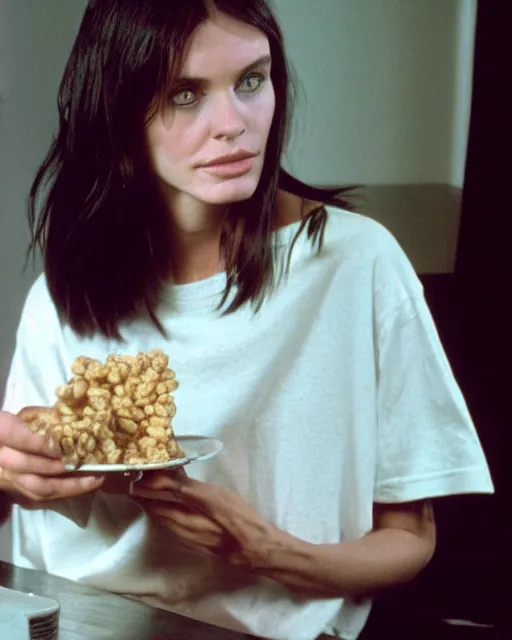 Image similar to 2 0 years old courtney cox eating cereal in her boyfriend's shirt, redshift, colour shift, wide shot, coloured polaroid photograph, pastel, kodak film, hyper real, stunning moody cinematography, by maripol, fallen angels by wong kar - wai, style of suspiria and neon demon, david hockney, detailed, oil on canvas