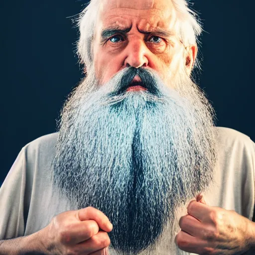 Prompt: scowling angry old wizard with a long white beard casting a spell, Tones of Black in Background, Golden Hour, Field of View, 2 Megapixels, 4-Dimensional, Masterpiece
