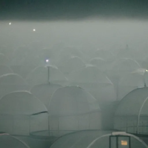 Prompt: nighttime photograph of a round illuminated tomato greenhouse in the mist