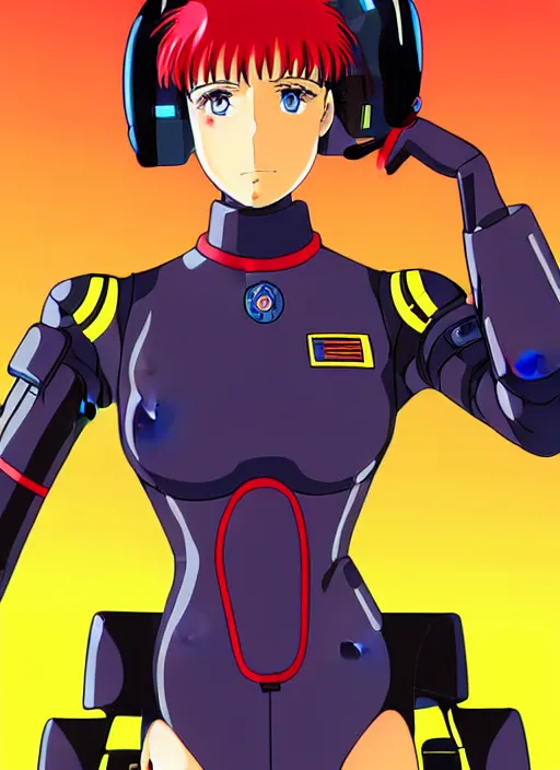 Prompt: Portrait of a female mech pilot in a latex bodysuit, 90s anime, cel-shaded, highly detailed, dramatic background, complementary lighting, poster