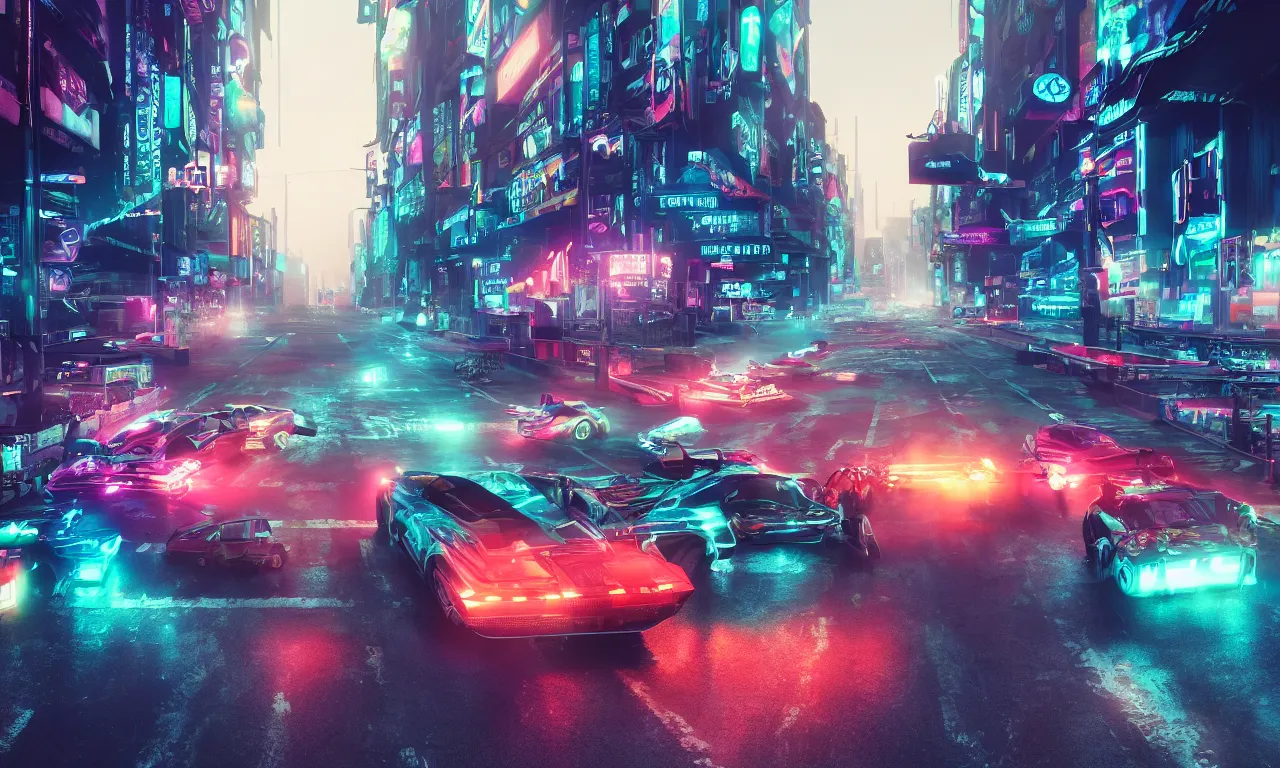 Prompt: insanely moody cinematic render of a drag race on the street of a cyberpunk city, on the style of the movie fast and furious, sharp focus, speed, teal and orange colors, vaporwave, photorealism, cinema still, photography, octane 3 d, vray render, insane details, 8 k high definition, artstation
