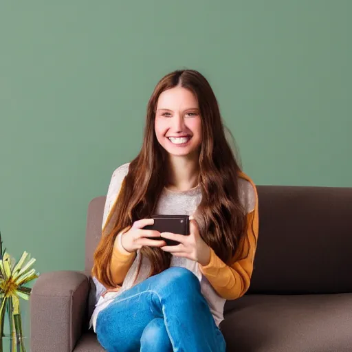 Prompt: Photograph of April, a cute young woman smiling, long shiny bronze brown hair, full round face, green eyes, medium skin tone, light cute freckles, smiling softly, wearing casual clothing, relaxing on a modern couch, interior lighting, cozy living room background, medium shot, mid-shot