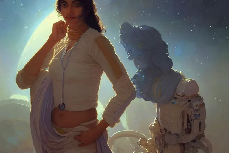 Prompt: Sensual good looking pale young Indian doctors wearing jeans in a space station above Earth, portrait, elegant, intricate, digital painting, artstation, concept art, smooth, sharp focus, illustration, art by artgerm and greg rutkowski and alphonse mucha