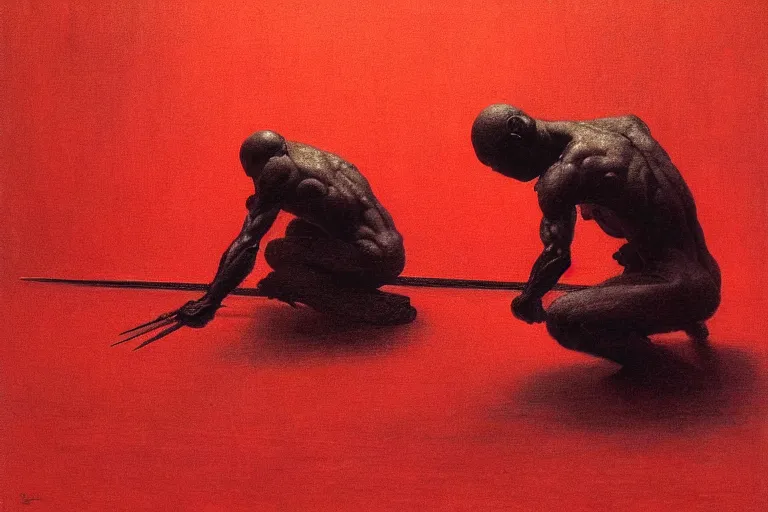 Image similar to only with red, a red samurai do seppuku, tokio, a lot of frogs watch, in the style of beksinski, parts by edward hopper, parts by rodcenko, parts by yue minjun, intricate and epic composition, red by caravaggio, insanely quality, highly detailed, masterpiece, red light, artstation, 4 k