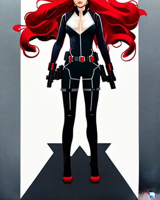 Image similar to phil noto comicbook cover art, black widow marvel, symmetrical eyes, long red hair, full body, city rooftop