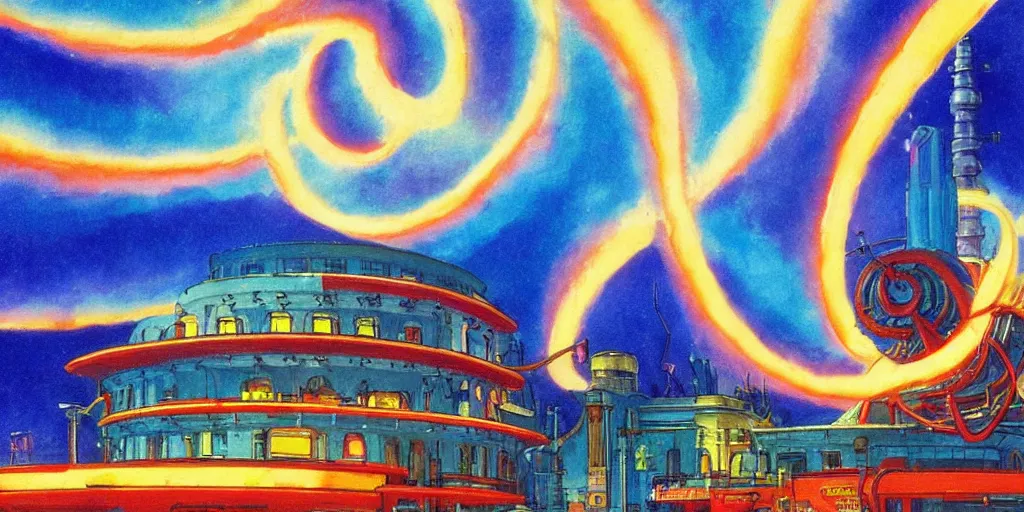 Prompt: fusion reactor plasma helix, wonderous and magical, dramatic and colourful, by Studio Ghibli and Edward Hopper