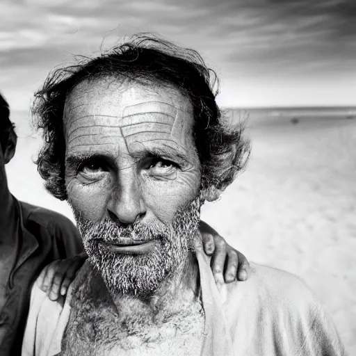Image similar to closeup portrait of french people on the beach trying to push England further away, by Steve McCurry and David Lazar, natural light, detailed face, CANON Eos C300, ƒ1.8, 35mm, 8K, medium-format print