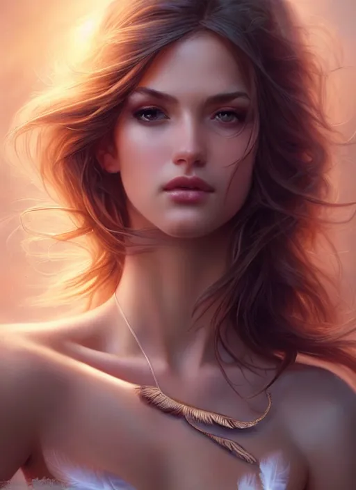 Image similar to a gorgeous female photo, professionally retouched, soft lighting, feather hair, realistic, smooth face, perfect eyes, wide angle, sharp focus on eyes, 8 k high definition, insanely detailed, intricate, elegant, art by artgerm and greg rutkowski and j scott campbell