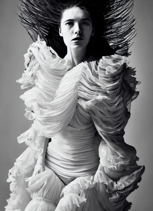 Image similar to a full body portrait of a woman by justin ridler wearing an intricate billowing dress, face in the style of irakli nadar