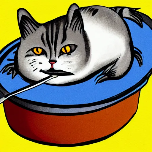 Image similar to a fat cat eating Canned tuna, digital art