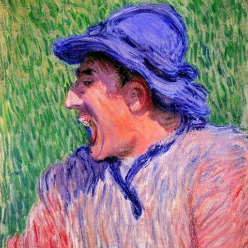 Image similar to monet painting of a man watching a soccer game, he is laughing deliriously, highly detailed, realistic,