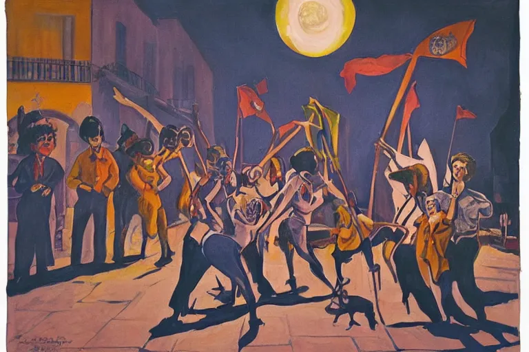 Image similar to feminist revolution, lisbon city at night, art in the style of paula rego