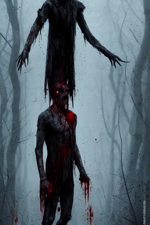 Image similar to tall slender pale humanoid walking in the mist, red eyes, bloody face, creepy, horror, fantasy, bloodcurdling, art by greg rutkowski