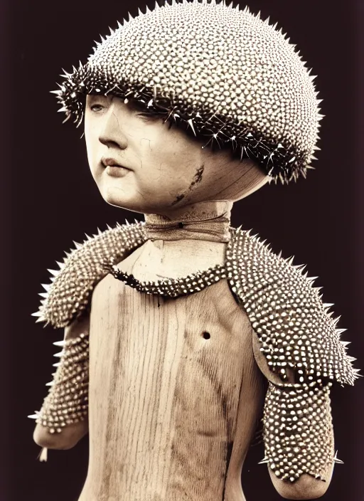 Image similar to realistic photo of a a medieval wooden girl doll sculpture dressed white spherical hat helmet, covered in spikes pattern, black brushwood, greyscale grain 1 9 6 0, life magazine photo, natural colors, metropolitan museum, kodak