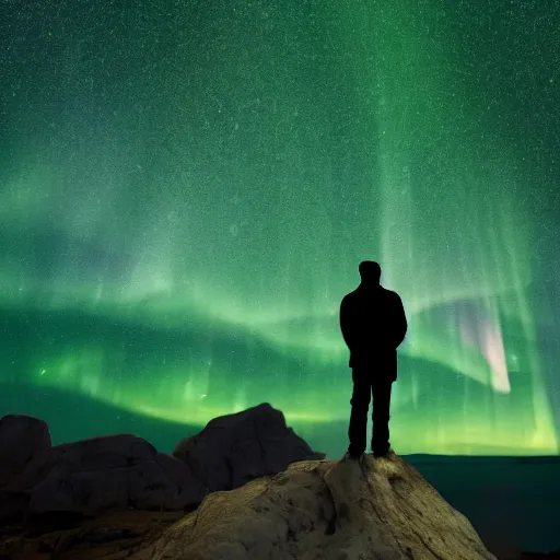 Image similar to 4K Epic Ultra HD detailed award-winning wallpaper silhouette of lonely man standing on rock looking at huge vast sky universe Milky Way aurora