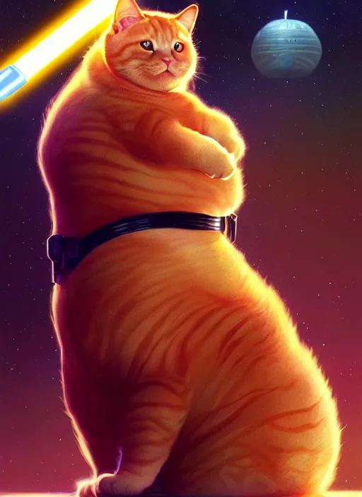 Image similar to a fat ginger cat holding a lightsaber, star wars, beautiful glowing lights, sci - fi, stunning, intricate, elegant. highly detailed, digital painting. artstation. smooth. sharp focus. illustration. art by artgerm and greg rutkowski and alphonse mucha