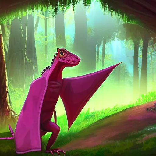 Image similar to concept art painting of an anthropomorphic lizard wearing magenta wizard robes, in the deep forest, realistic, detailed, cel shaded, in the style of makoto shinkai and greg rutkowski and james gurney