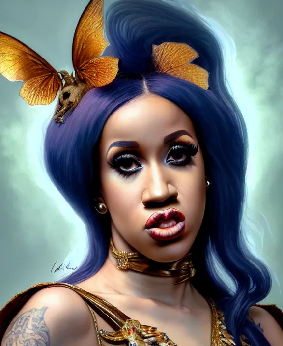 Image similar to cardi b as a character in diablo, mottled coloring, adorable, childlike, pastoral environment, ultra realistic, concept art, art nouveau, photorealistic, octane render, 8 k, unreal engine. art by christopher marley and artgerm and greg rutkowski and alphonse mucha