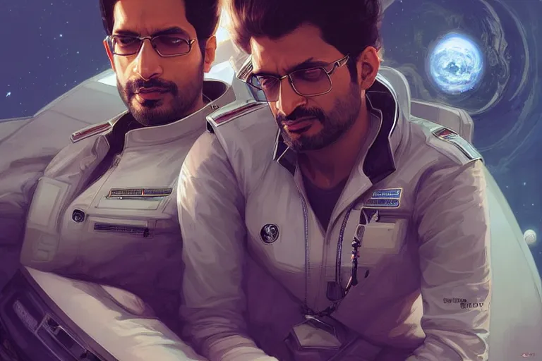 Image similar to Sensual good looking pale young Indian doctors wearing Deus Ex clothing in a space station above Earth, portrait, elegant, intricate, digital painting, artstation, concept art, smooth, sharp focus, illustration, art by artgerm and greg rutkowski and alphonse mucha