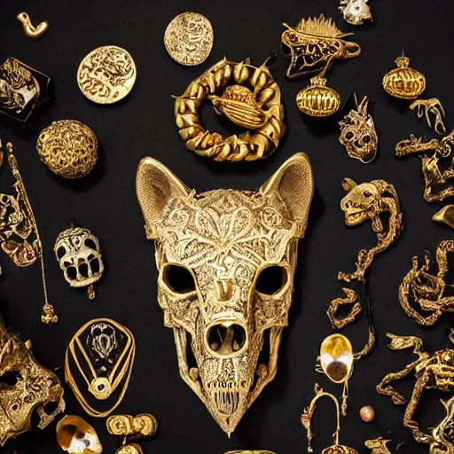 Image similar to wolf skull covered in gold intricate ornaments and jewelry, smoke in the back, chinese ivory sculpture, necroxii style, tarot, extremely high detail, black background