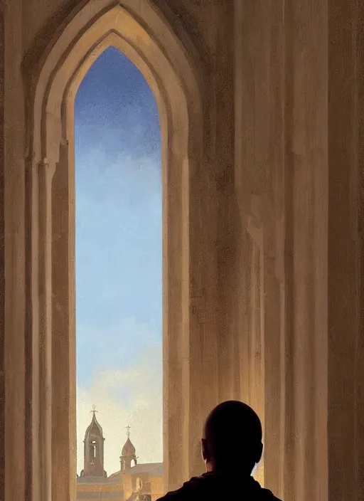 Image similar to symmetry!! oil painting of a tonsured dominican monk in brown robes, looking out of a monastery window contemplatively, a majestic cathedral in the background, digital art, artstation, cinematic, golden hour, digital art painting by greg rutkowski