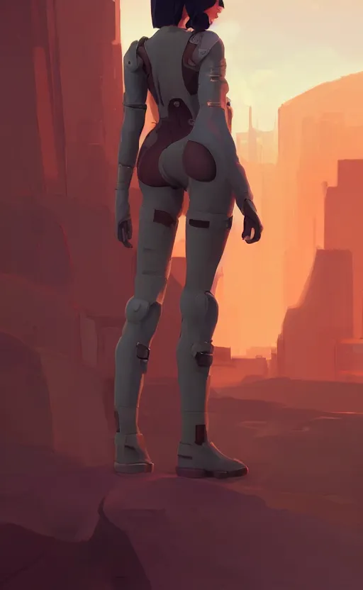 Image similar to sci fi female character, muted colored bodysuit, sci-fi oversized mechanical boots that go up to the thigh that are thick and clunky, soft lighting, wojtek fus, by Makoto Shinkai and Ilya Kuvshinov,