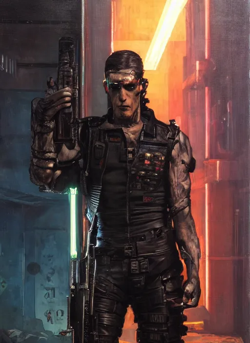 Prompt: frankenstein. cyberpunk mercenary wearing a military vest and combat jumpsuit. (Cyberpunk 2077, bladerunner 2049). Iranian orientalist portrait by john william waterhouse and Edwin Longsden Long and Theodore Ralli and Nasreddine Dinet, oil on canvas. Cinematic, vivid colors, hyper realism, realistic proportions, dramatic lighting, high detail 4k