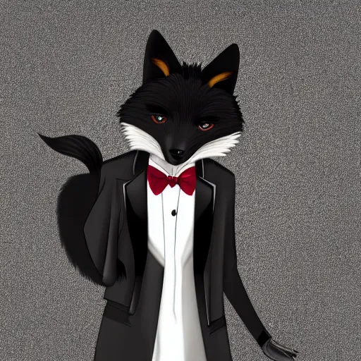 Prompt: anthro male black fox furry with long black hair, wearing a dark red tuxedo in a cherrywood office