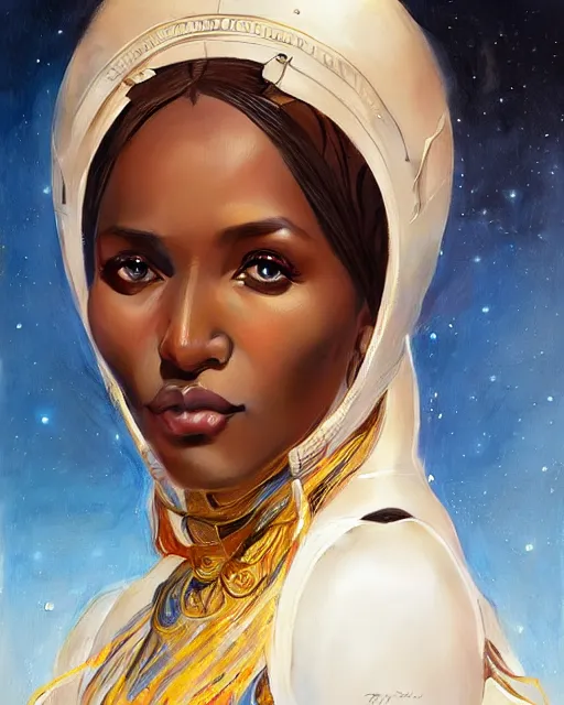 Image similar to Portrait of very very very very very very beautiful somali woman, spacesuit, blue eyes, real life skin, intricate, elegant, highly detailed, artstation, concept art, smooth, sharp focus, art by artgerm and greg rutkowski and alphonse mucha