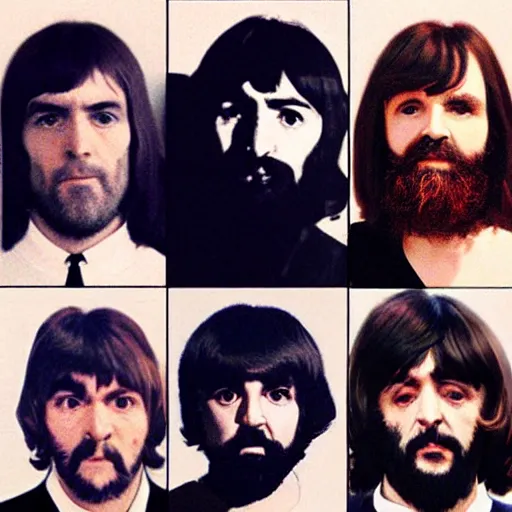Image similar to Charles Manson as the fifth member of the Beatles